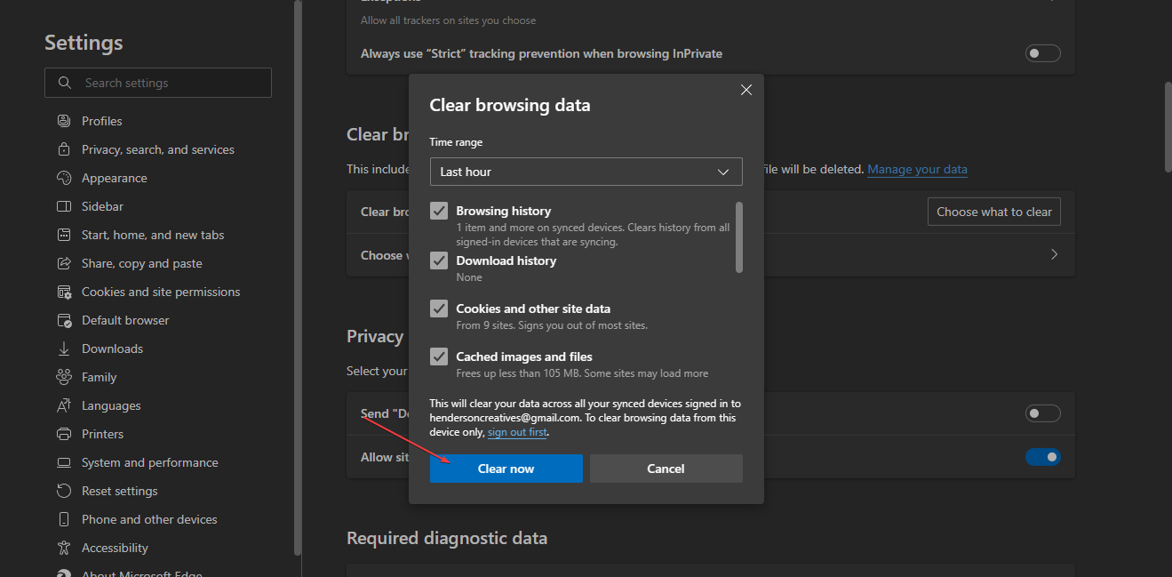 Окно очистки данных просмотра в Edge