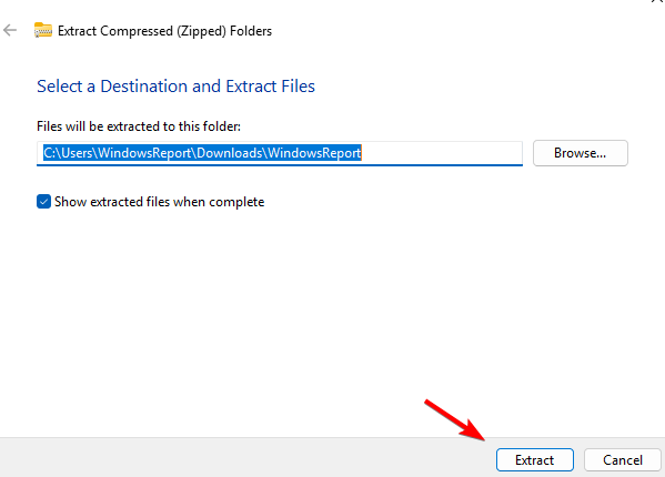 Окно выбора места для распаковки файлов в Windows