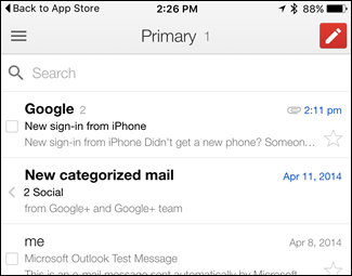 Письма из аккаунта Gmail в приложении Gmail