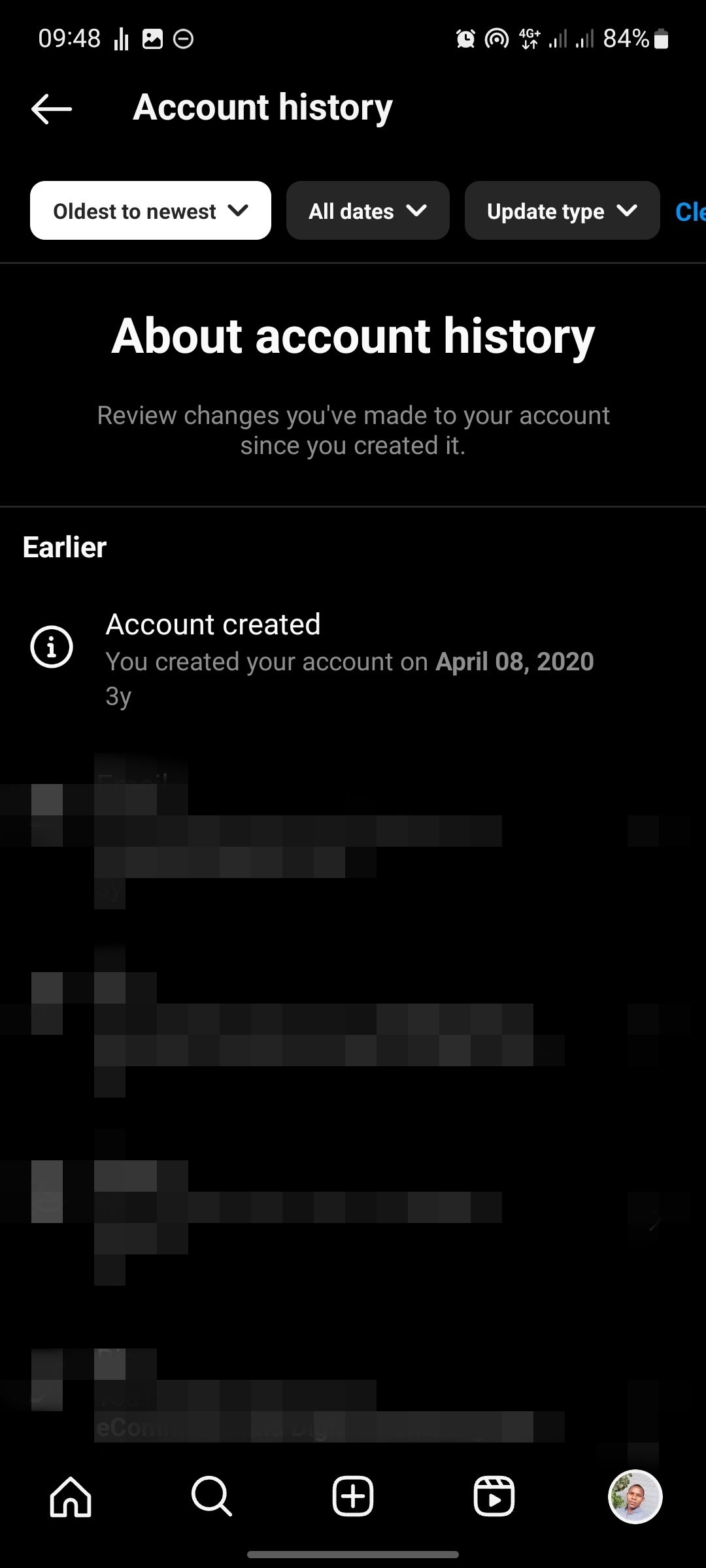 screenshot of sorted Instagram account history