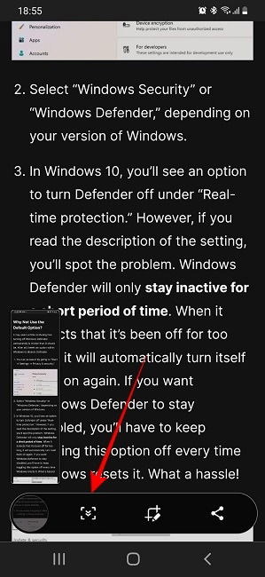Кнопка прокрутки для длинного скриншота на Samsung