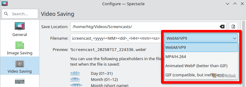Video file format options in Spectacle.