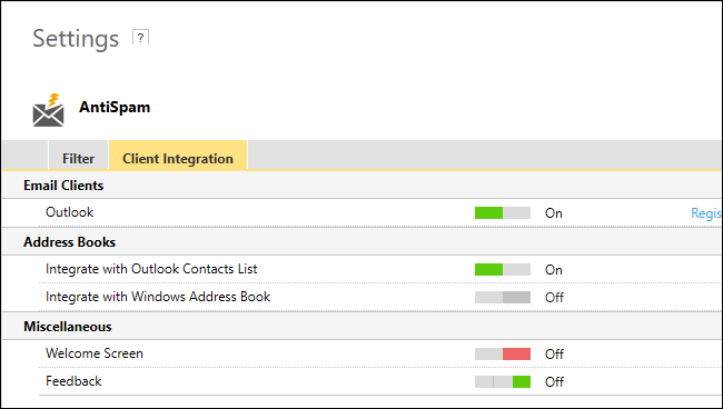 Вкладка Client Integration в настройках AntiSpam