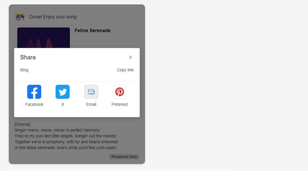 Опции для шаринга трека, сгенерированного Suno