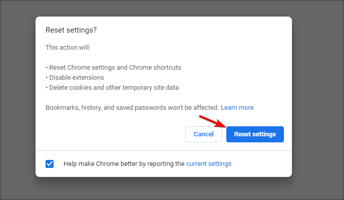 Кнопка подтверждения Сбросить настройки в Chrome