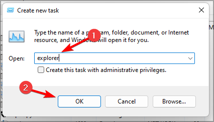 Ввод команды explorer для восстановления Проводника