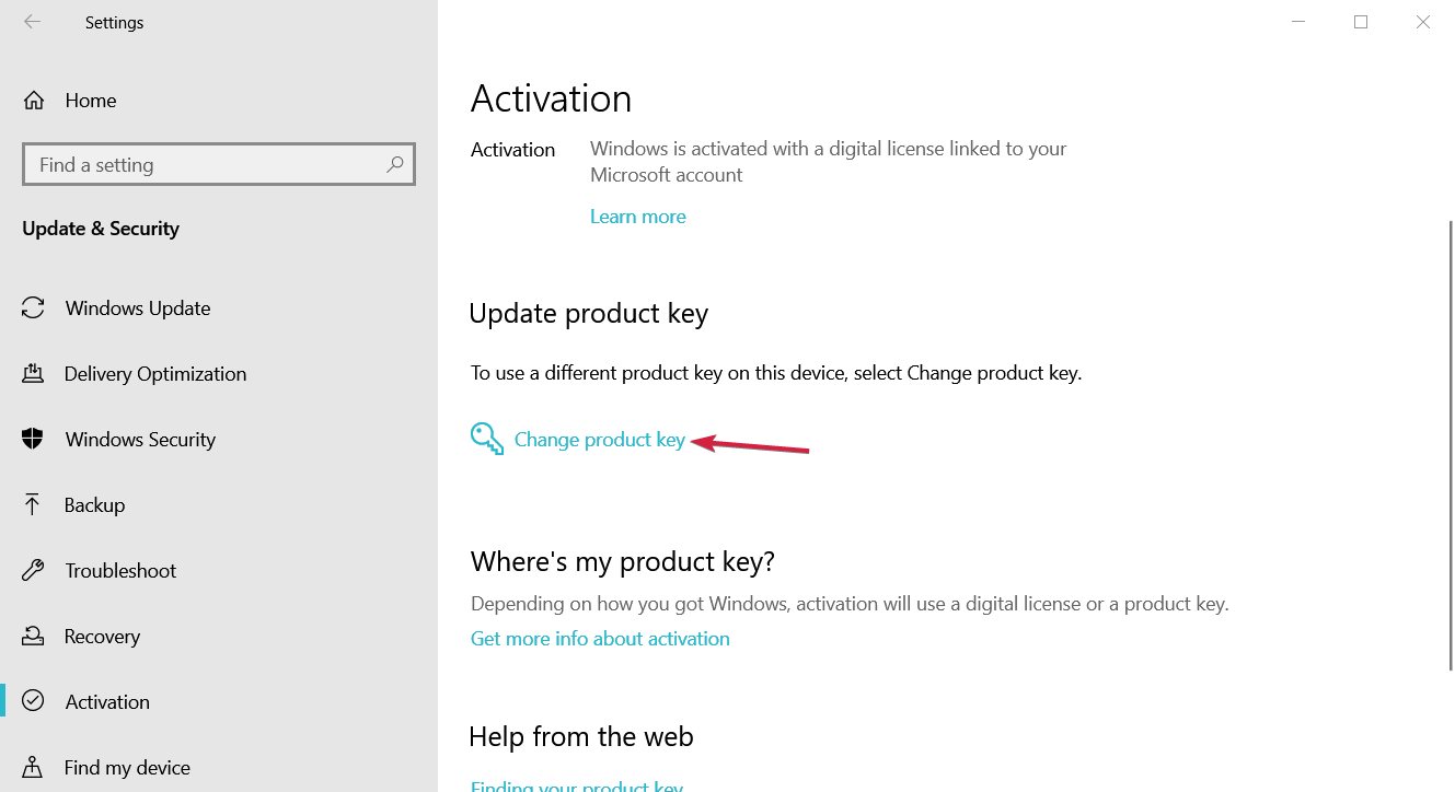 Параметры Windows — раздел Обновление и безопасность, страница Активация
