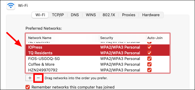 Список сохранённых сетей с опцией удаления