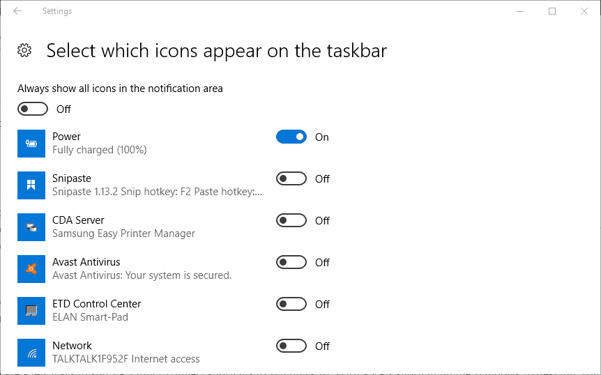 Параметры уведомлений: выбор значков для панели задач