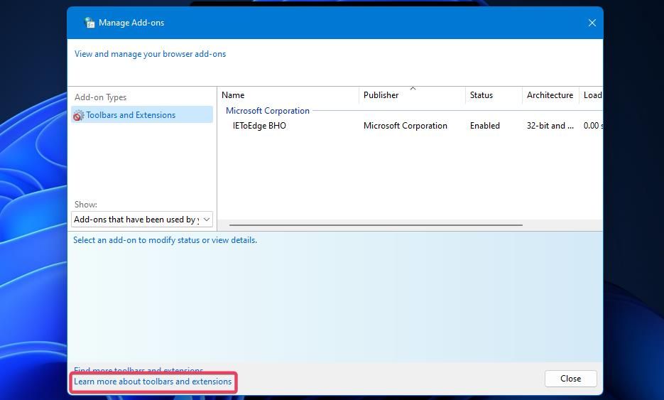 Ссылка для открытия IE через управление надстройками