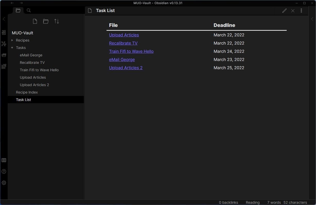 Запрос Dataview: таблица задач с дедлайнами и фильтрацией по Completed