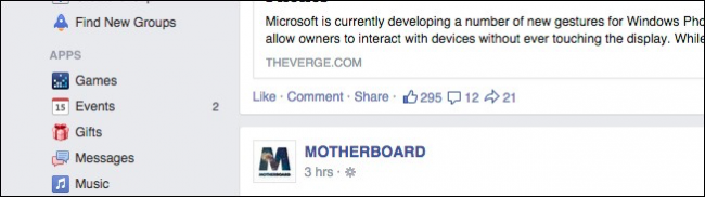 Меню «Игры» в левой колонке Facebook