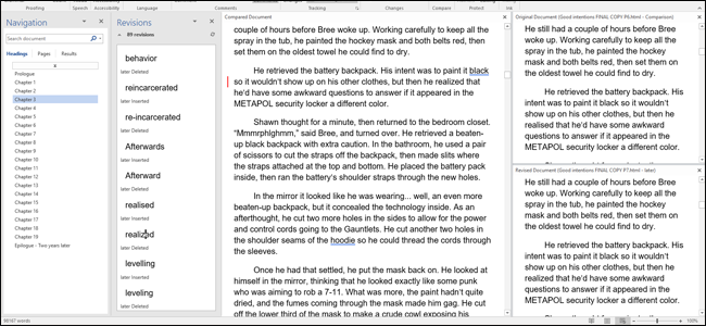 Окно сравнения с тремя основными панелями: список изменений, объединённый документ и исходные версии