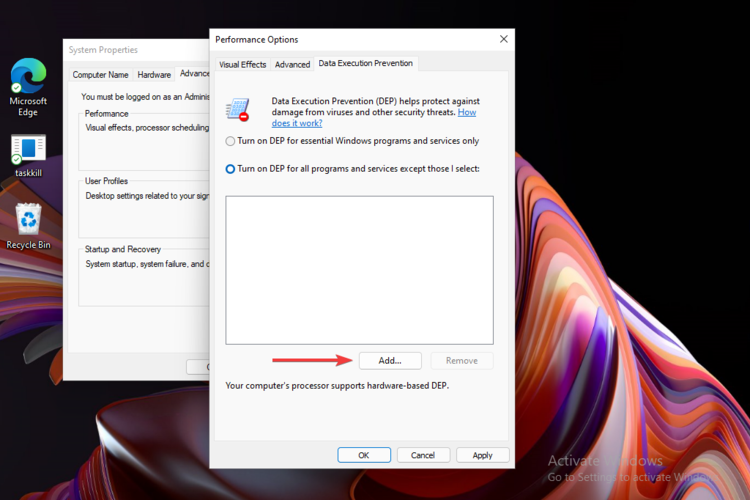 Добавление исключения программы в DEP