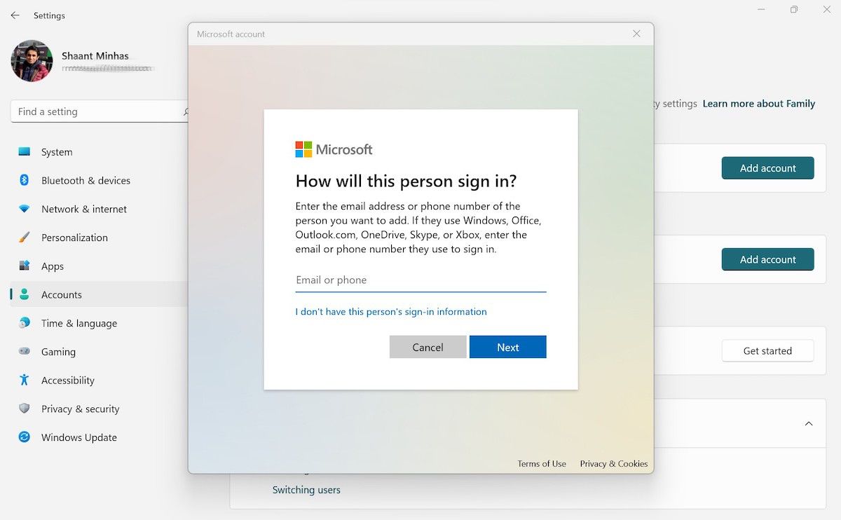 Изображение: добавление нового пользователя в Windows, экран параметров учётных записей