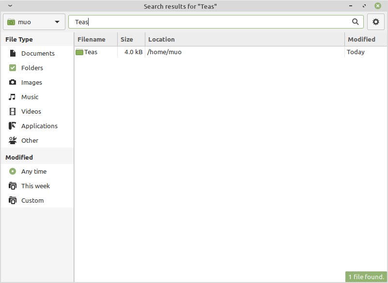Поиск директорий в Catfish с выделенной опцией Папки