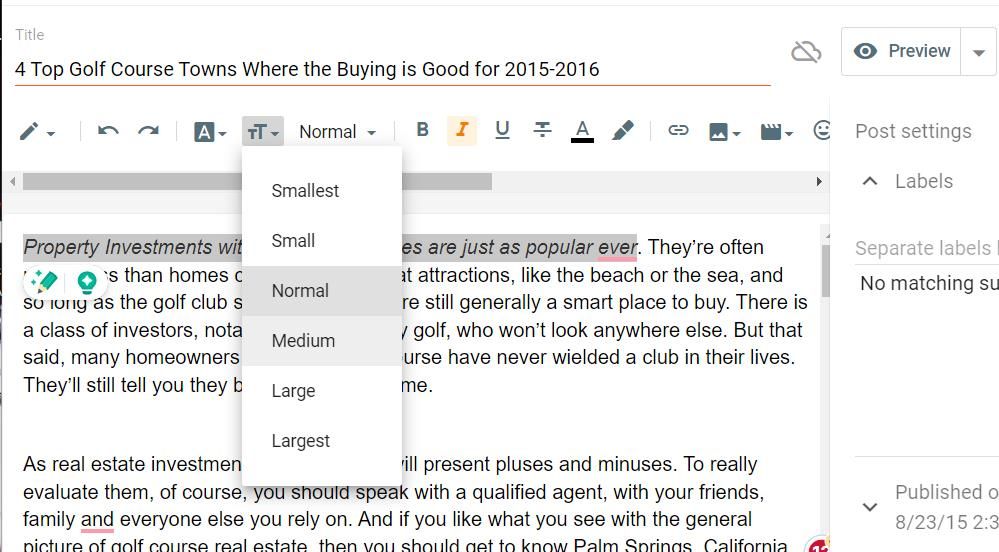 Опции форматирования текста в редакторе Blogger
