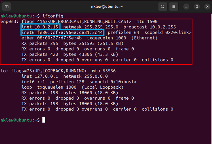 Вывод команды ifconfig с выделенными адресами