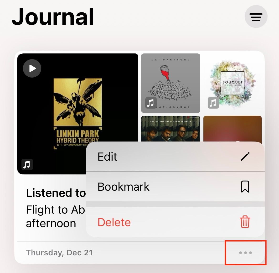 Экран iPhone с выделенным значком многоточия для опций записи.