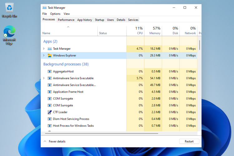 Выделенное приложение в Диспетчере задач