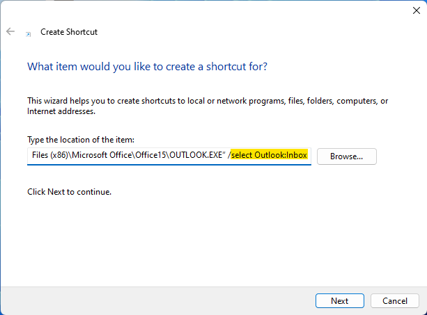 Параметры ярлыка для открытия Outlook в отдельном окне