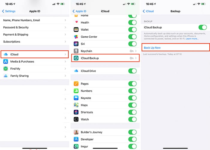 Настройки iPhone: резервная копия iCloud в разделе iCloud