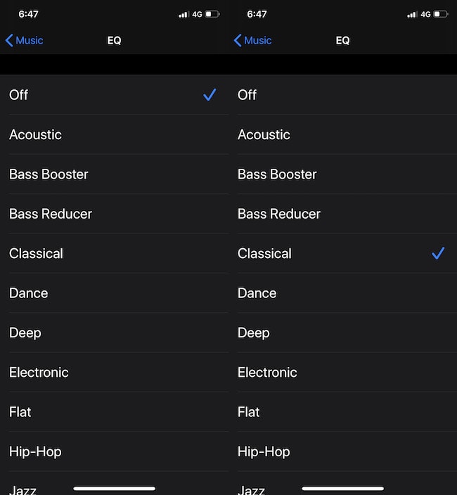 Параметр EQ в Настройках Музыки на iPhone