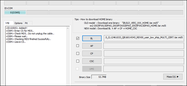 Скриншот интерфейса Odin при подключённом устройстве