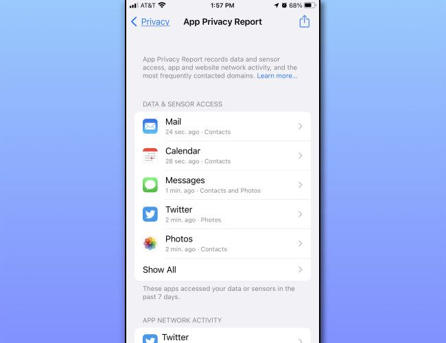 An example of the iPhone App Privacy Report in iOS 15.2