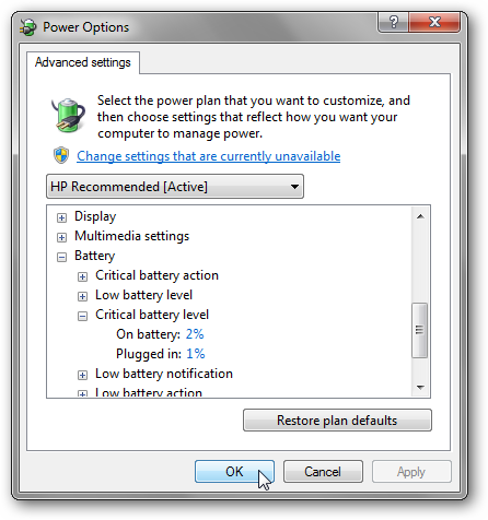 Параметры электропитания в Windows 7