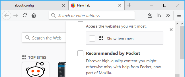 Список элементов новой вкладки с опцией Рекомендации от Pocket