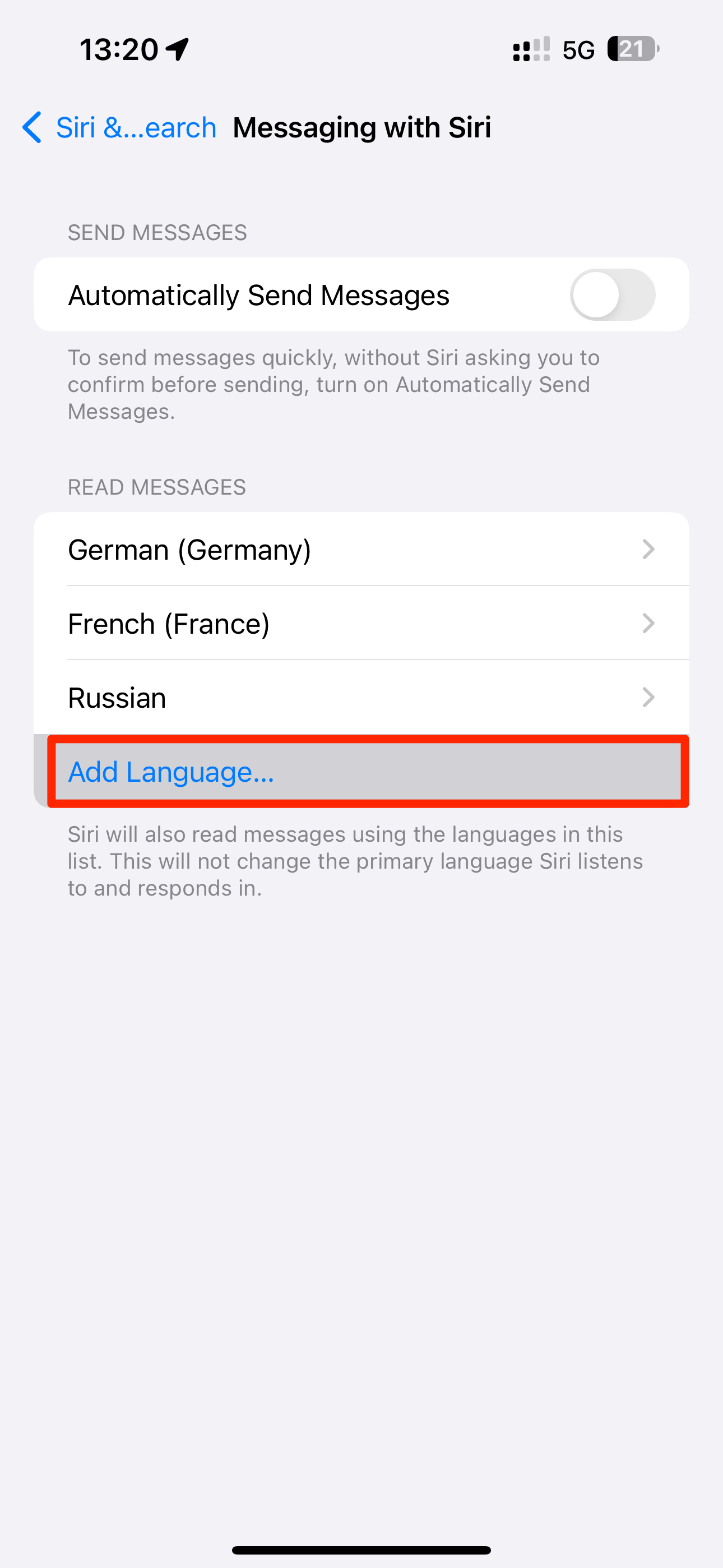 Добавление языков для воспроизведения сообщений Siri на iPhone.