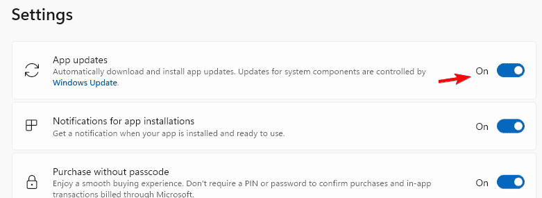 Параметры обновлений приложений в Microsoft Store