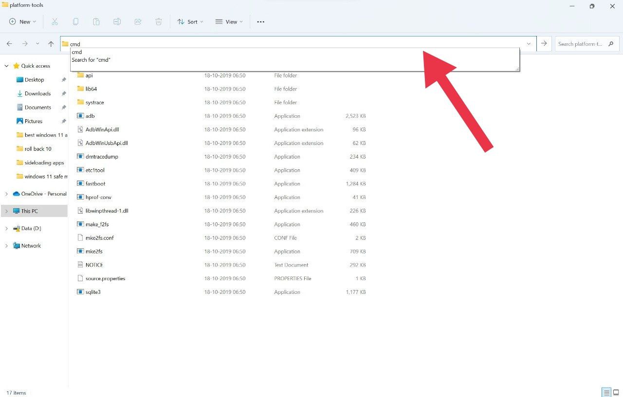 Открытие командной строки из папки platform-tools
