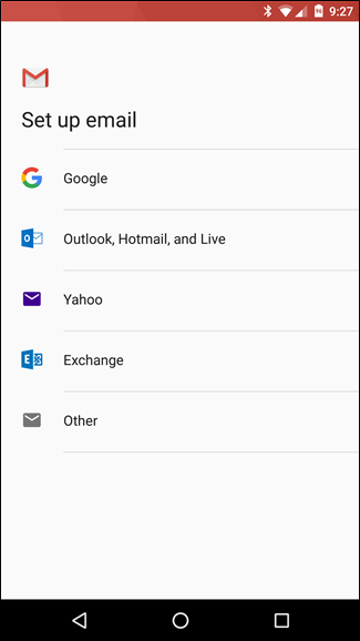 Окно выбора провайдера: Google, Outlook, Yahoo, Exchange, Другие