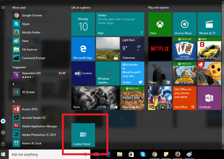 Закрепление Панели управления в меню Пуск — плитка