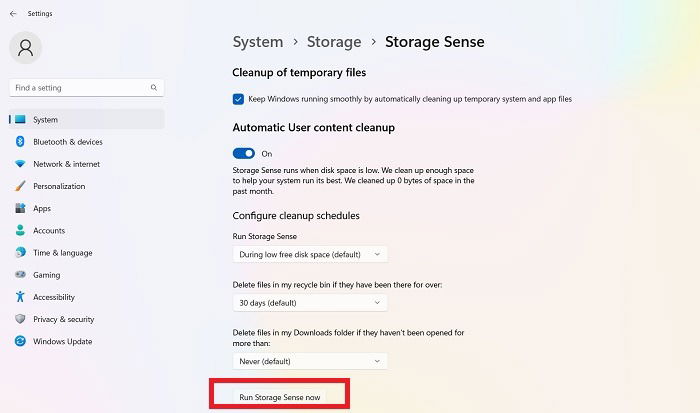 Opción para ejecutar Sensor de almacenamiento ahora y configurar la limpieza automática