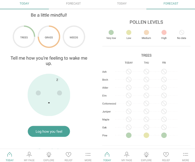 Скриншоты приложения Klarify с детальным прогнозом по видам пыльцы