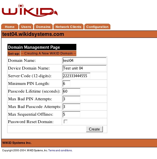 Экран параметров создания домена WiKID