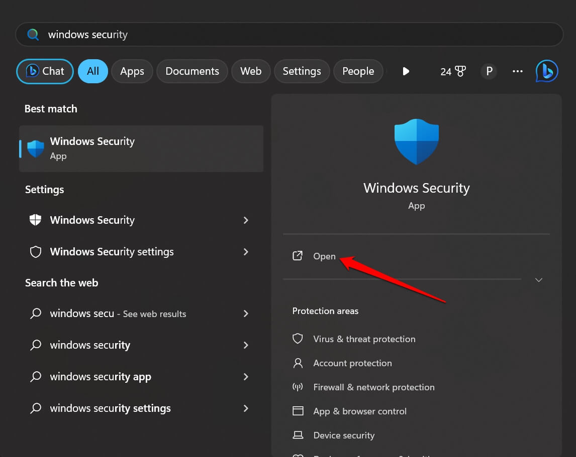 Открыть приложение Windows Security