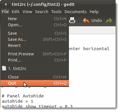 Закрытие gedit через меню Файл → Quit