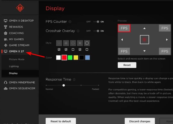 Выбор дисплея в OMEN Gaming Hub