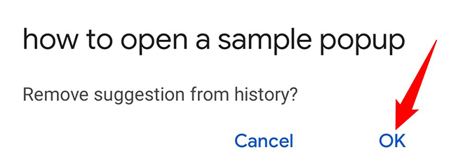 Окно подтверждения удаления подсказки в мобильном Chrome.