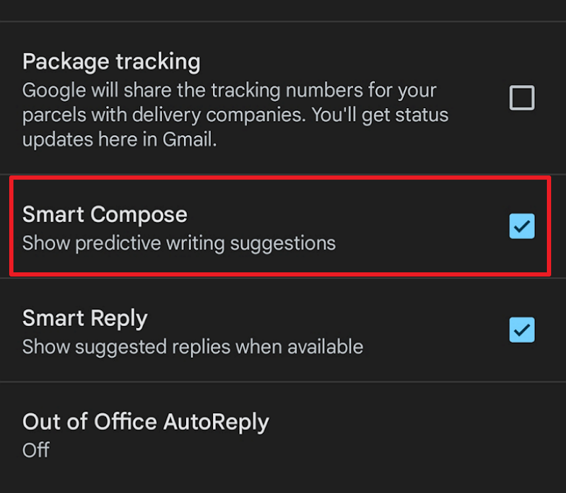 Экран настроек с включённым Smart Compose