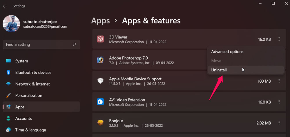 Удаление через Параметры Windows