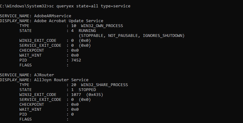 Пример вывода команды sc и net start