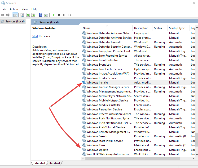 Службы Windows Installer и Windows Update в списке служб