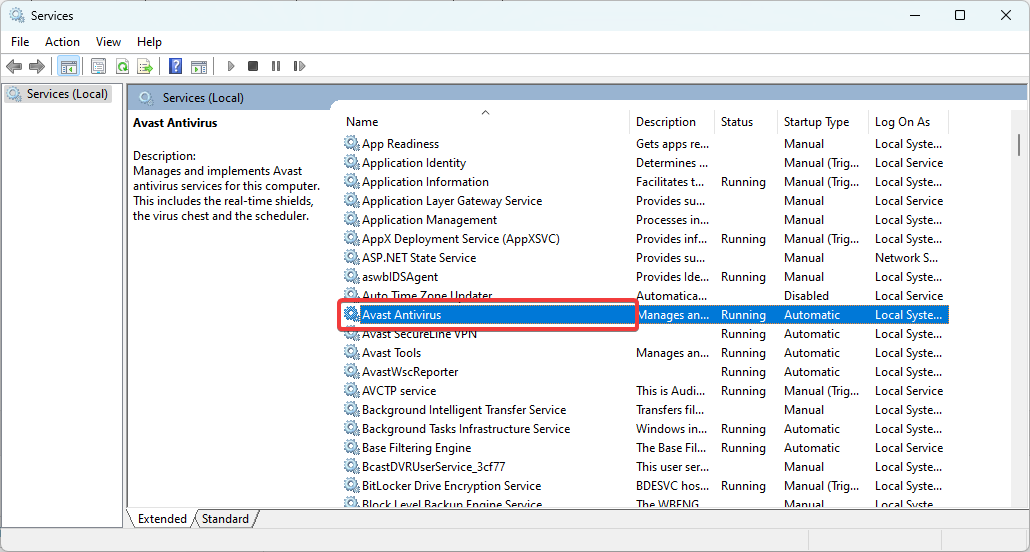 Свойства службы Avast Antivirus
