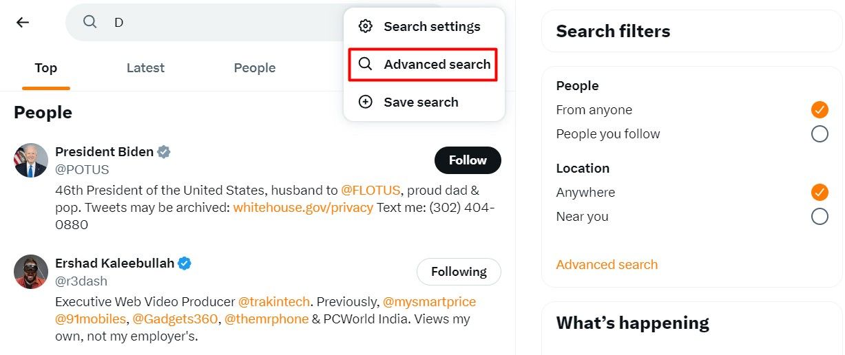 Меню с тремя точками и пункт 'Advanced Search' на странице X.