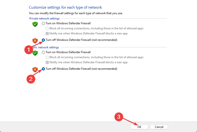 Опция выключения брандмауэра для приватной и публичной сети